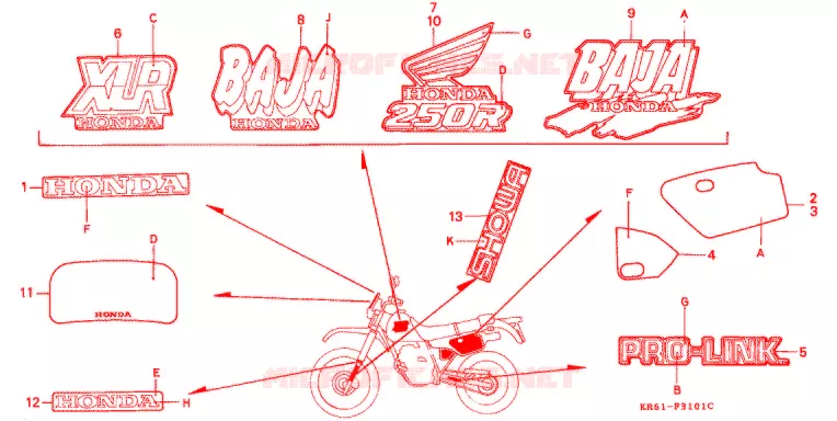 EMBLEEM/STREEP (2) (RH/R3J/RK/RL/R3L) Honda MOTO 250 XL 1988  XLR250R3J