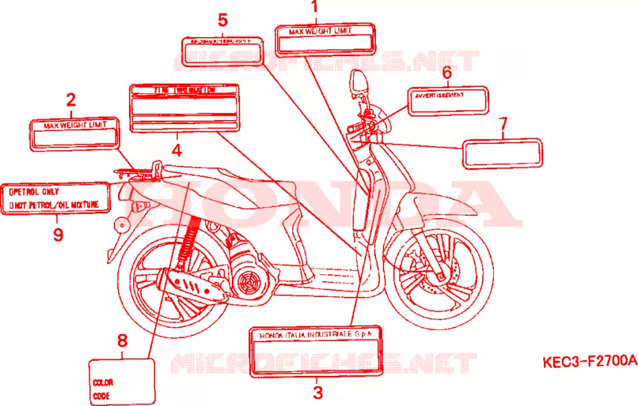 WAARSCHUWINGSLABEL Honda SCOOTER 100 SCOOPY 1999  SH100X