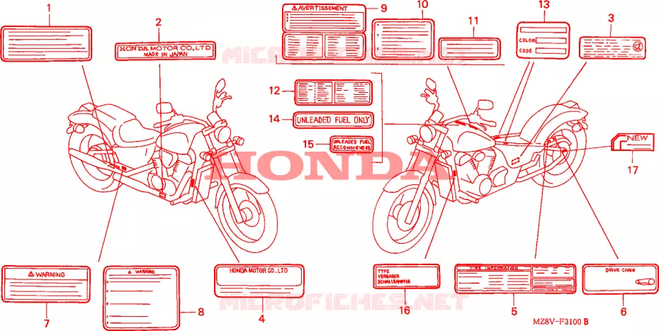 WAARSCHUWINGSLABEL Honda MOTO 600 SHADOW 1999  VT600CDX