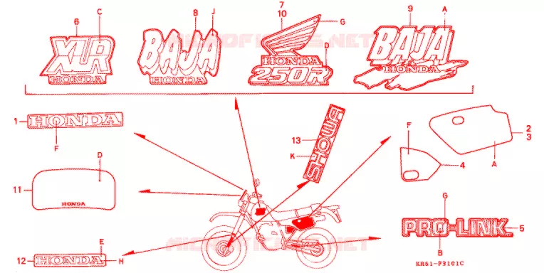 EMBLEEM/STREEP (2) (RH/R3J/RK/RL/R3L) Honda MOTO 250 XL 1987  XLR250RH
